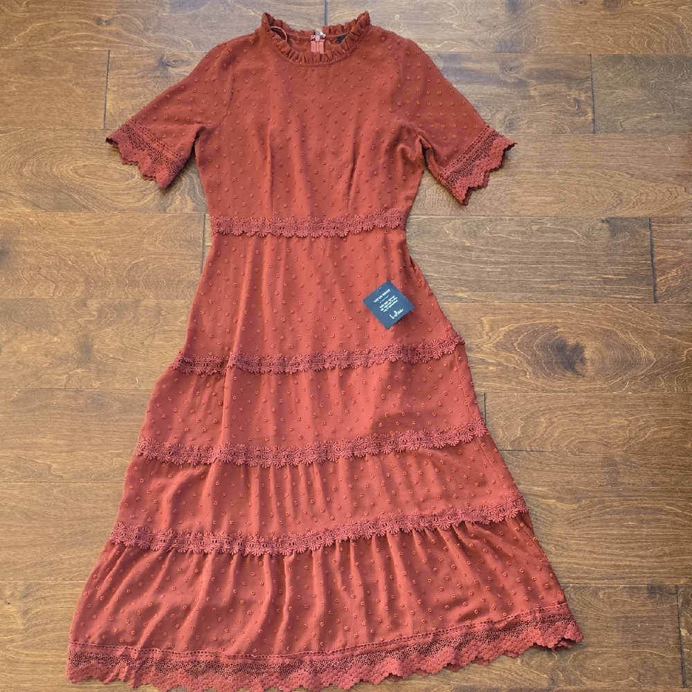 Lulu's Rust Red Midi Dress with Lace Trim